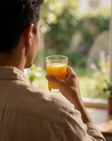 A guest holds a glass of orange juice while looking out a window at a garden from a bed and breakfast.