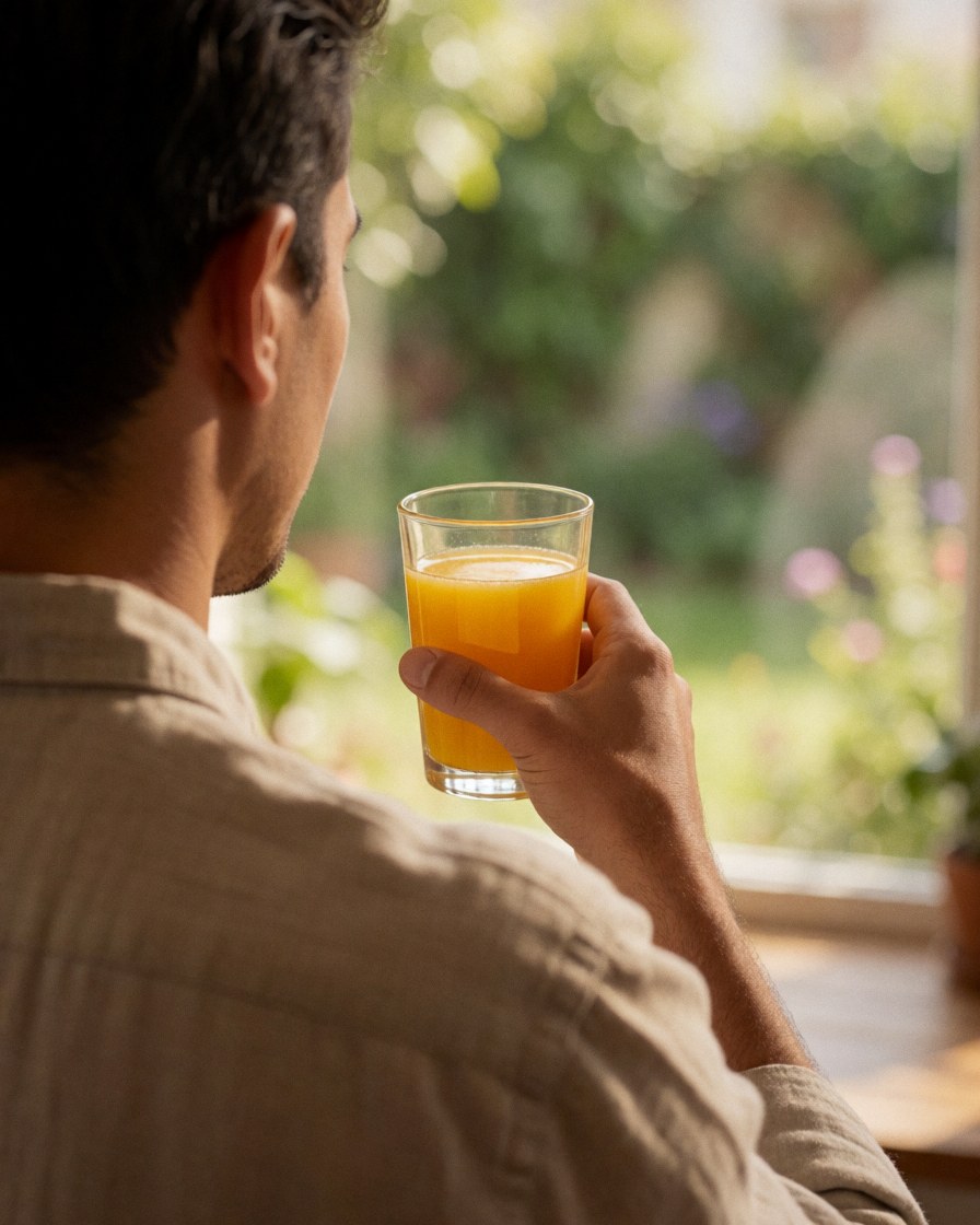 A guest holds a glass of orange juice while looking out a window at a garden from a bed and breakfast.