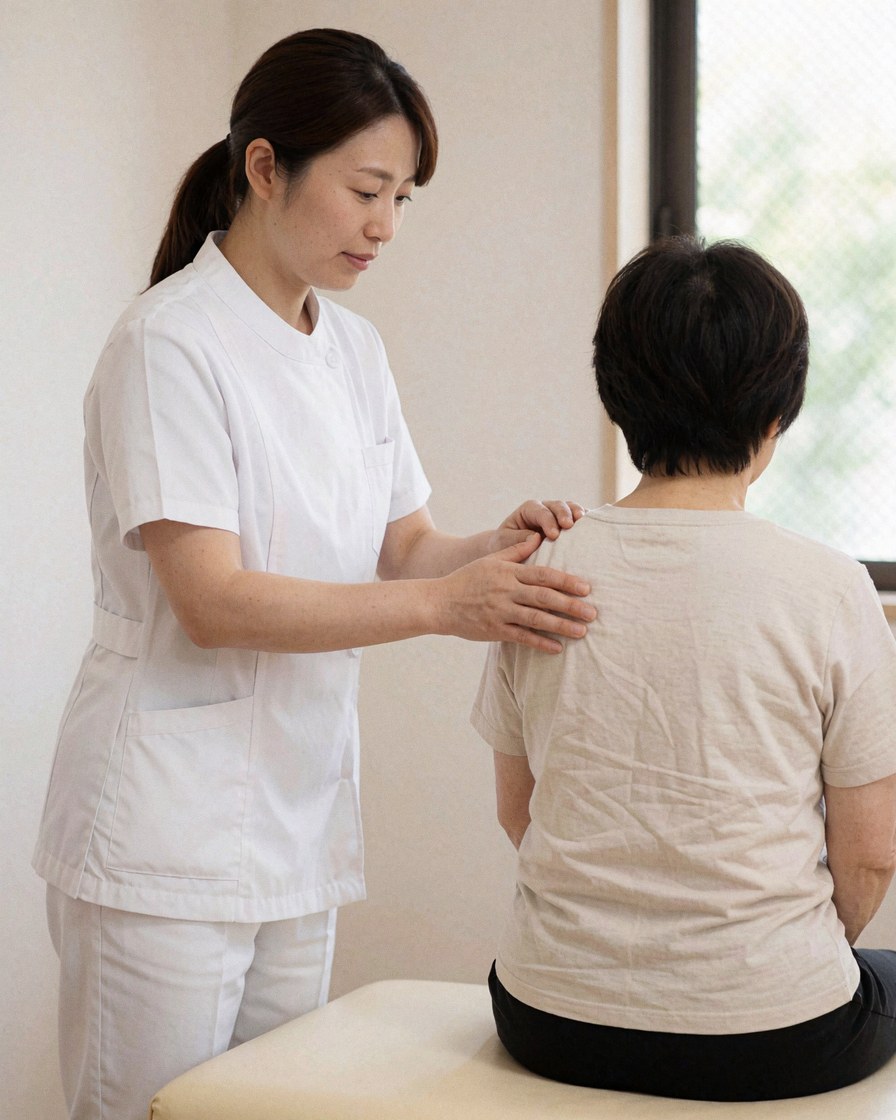 Therapist in white uniform massaging client shoulder in natural light
