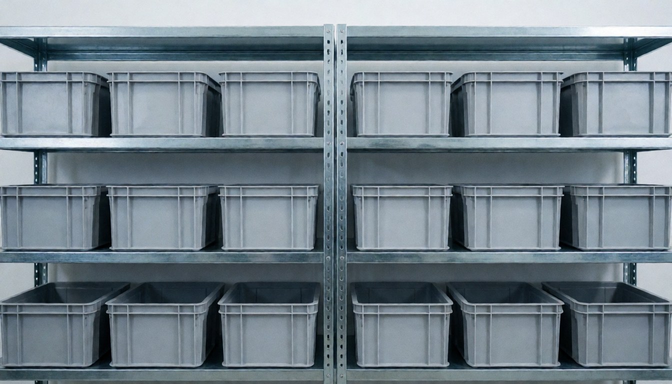 Industrial metal shelving units holding neatly arranged gray plastic boxes against a clean white background, suitable for text overlay on television repair services.