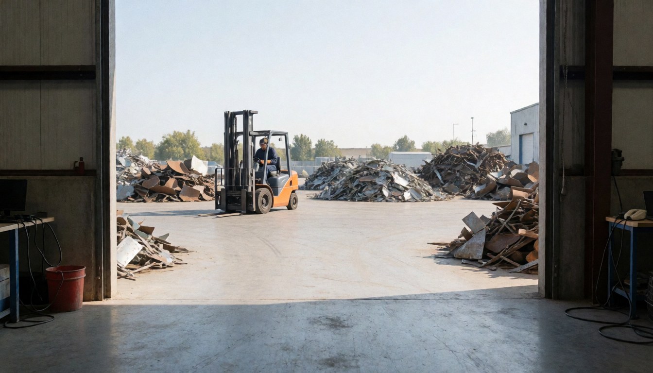 Worker operating a crane in a vehicle recycling yard with piles of scrap metal under natural daylight, suitable for a business website hero section