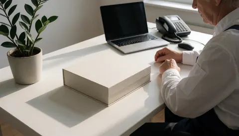 Senior writer with writing box on white desk, laptop, plant and natural light, ideal for writing school.
