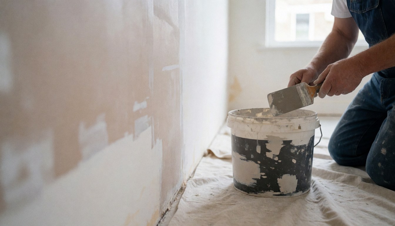 Putty knife resting in a bucket of joint compound, ready for wall repair work on a construction site.