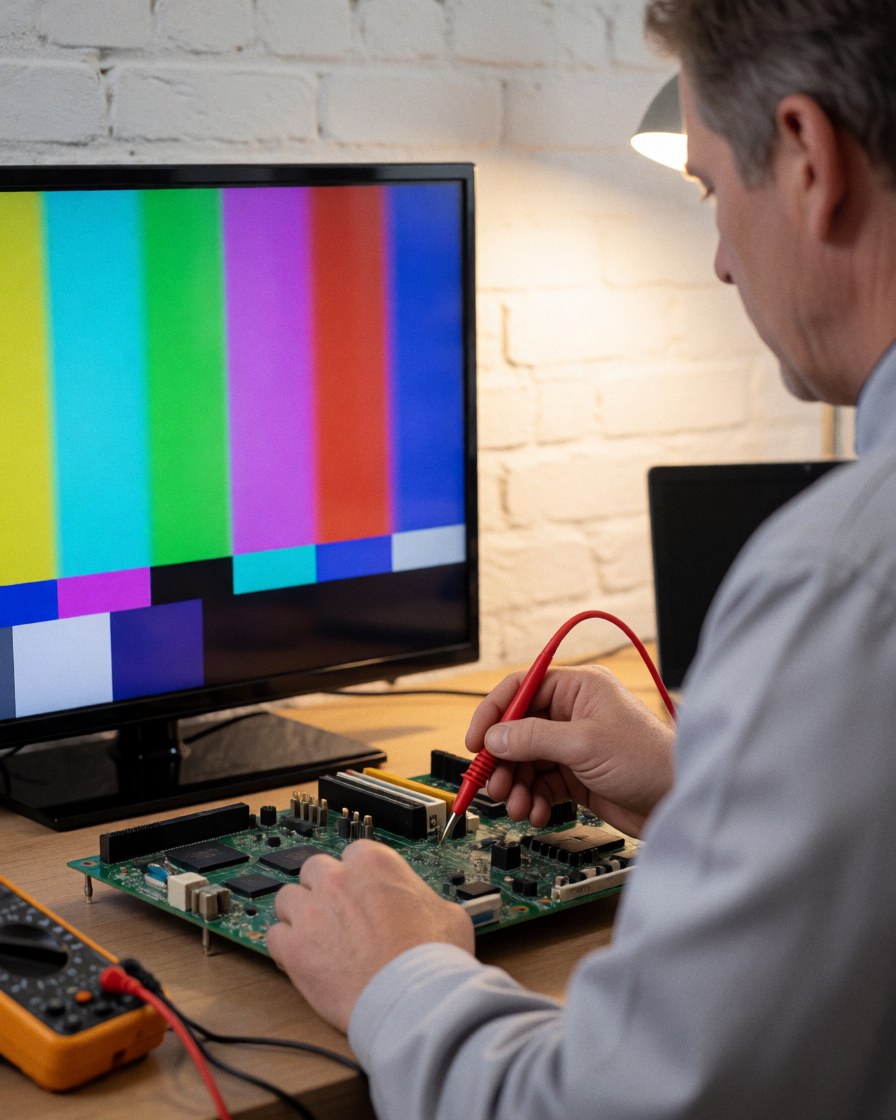 Technician checking motherboard with multimeter while test screen shows vivid colors in workshop with white brick wall
