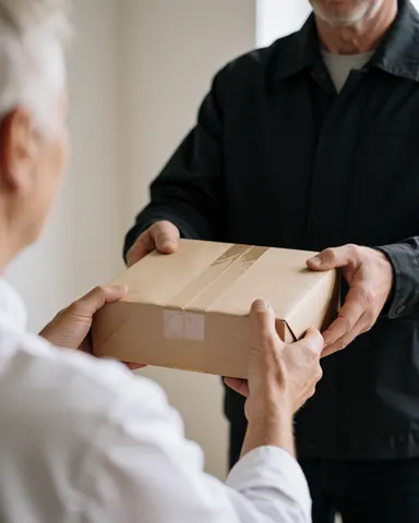 Courier delivering a package to a client with visible hands against a neutral wall in natural light