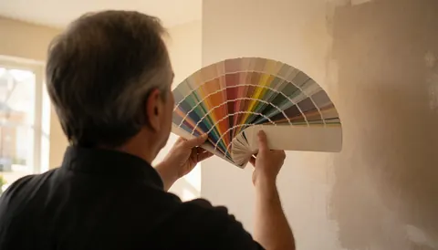 A professional painter evaluates color samples against a partially painted neutral wall illuminated by warm natural light.