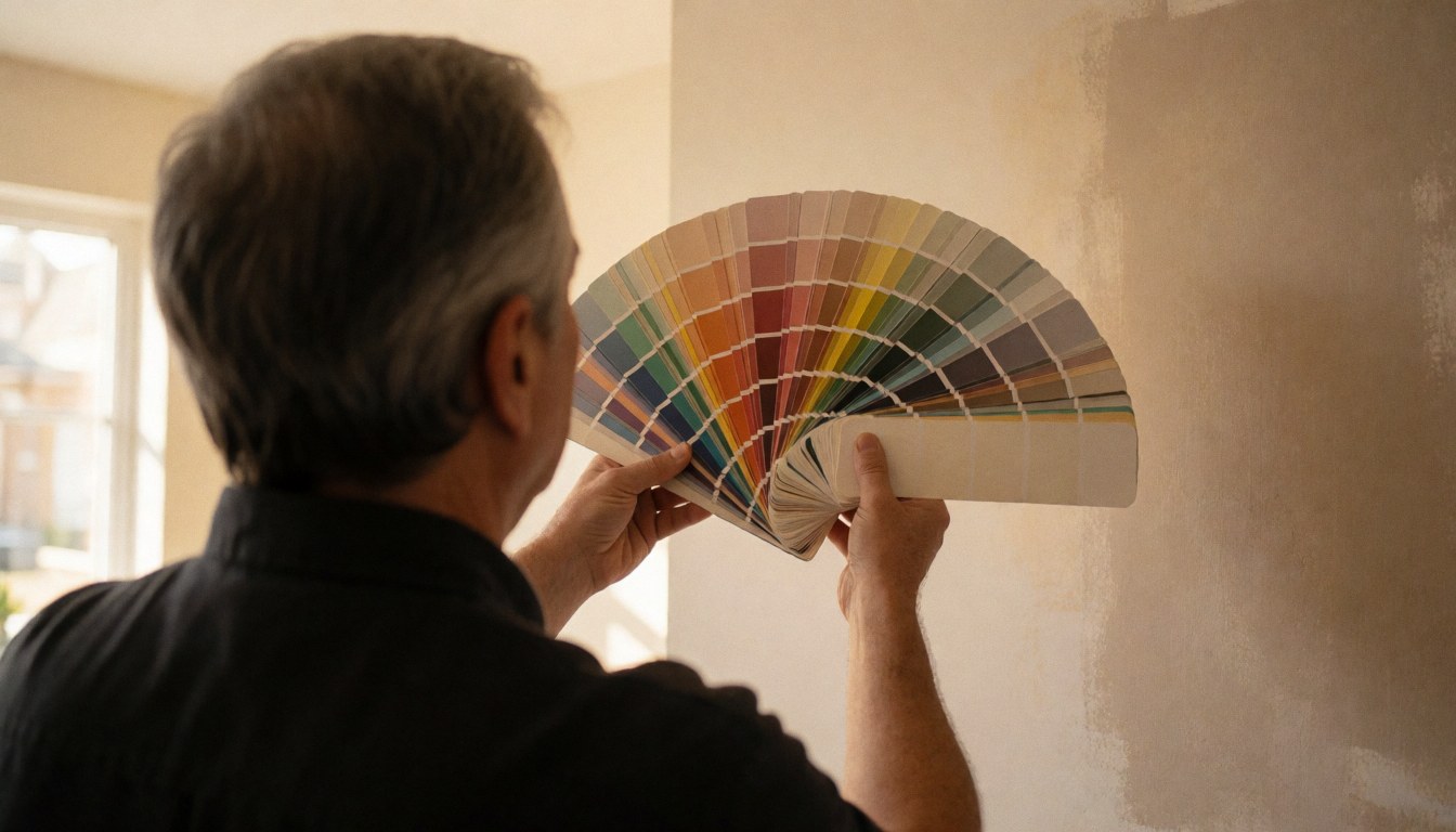 A professional painter evaluates color samples against a partially painted neutral wall illuminated by warm natural light.