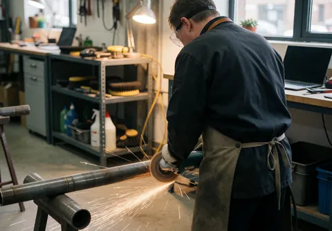 Worker wearing safety glasses and apron using a cutting tool on a metal pipe in a well-lit workshop