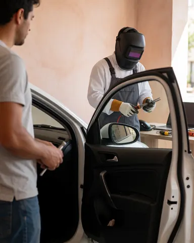 Close-up of a worker welding a car door with visible tools and stucco walls in the background