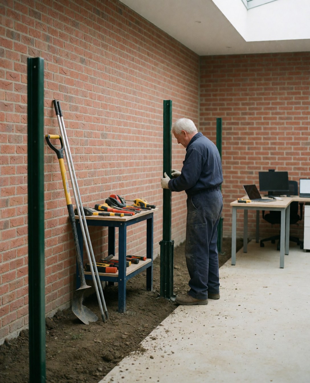 A man installs green fence posts in a backyard with a brick wall and gardening tools on a table