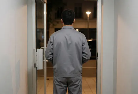 Back view of a locksmith facing a glass door with a heavy lock in a dimly lit storefront at night.
