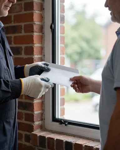 A technician wearing gloves hands an envelope to a happy customer standing next to a newly installed window with rubber seal and brick wall in natural light