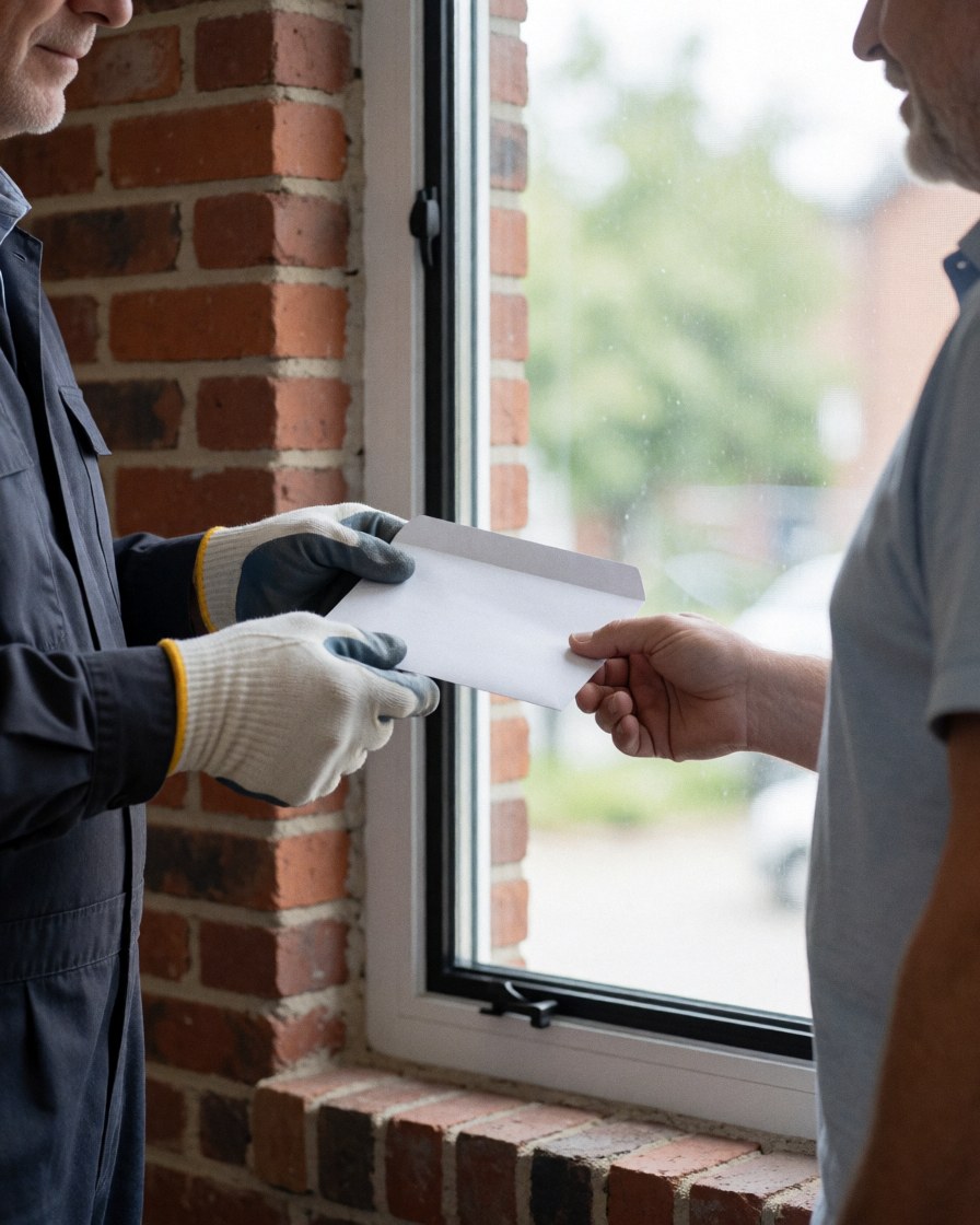 A technician wearing gloves hands an envelope to a happy customer standing next to a newly installed window with rubber seal and brick wall in natural light