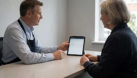 Professional showing a tablet to a seated customer in a modern shop with gray walls