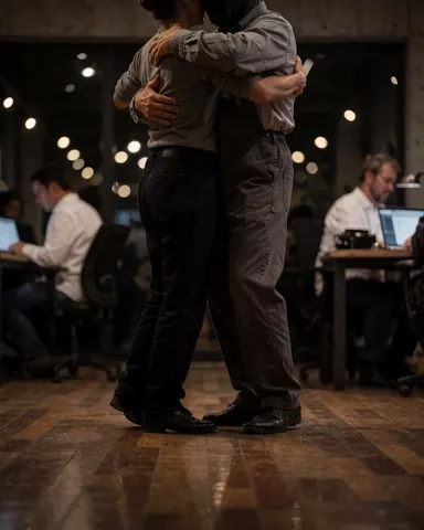 A couple performing tango steps on a polished wooden floor in a room with concrete walls and soft bokeh lighting in the background.