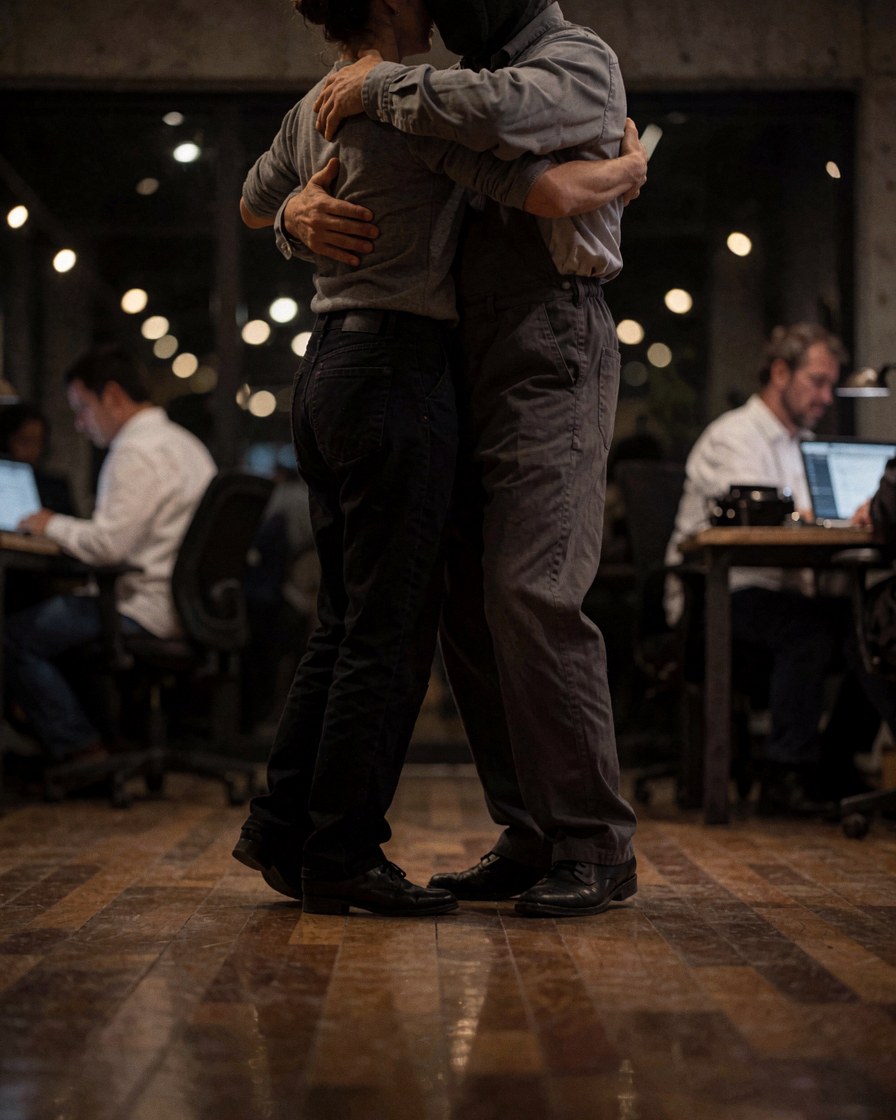 A couple performing tango steps on a polished wooden floor in a room with concrete walls and soft bokeh lighting in the background.