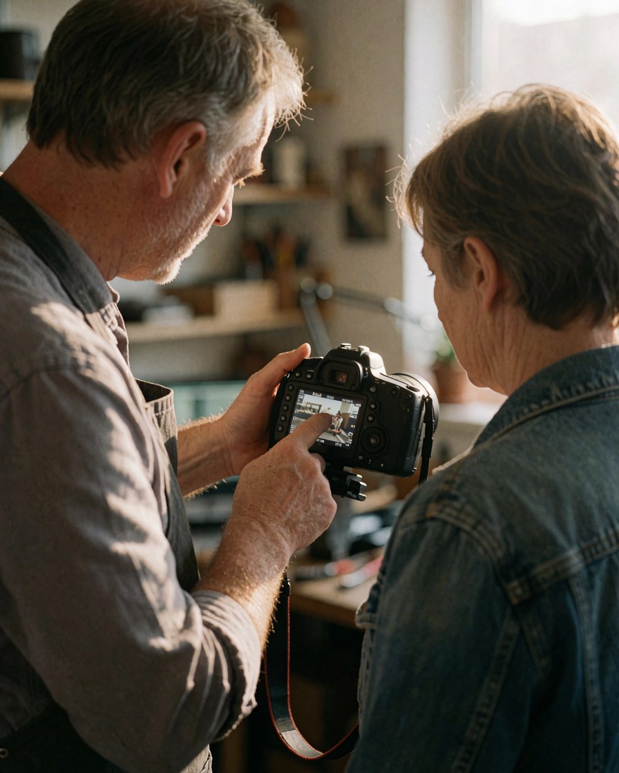 Photographer showing a photo on a DSLR screen to a client during a workshop session with natural light from a window.