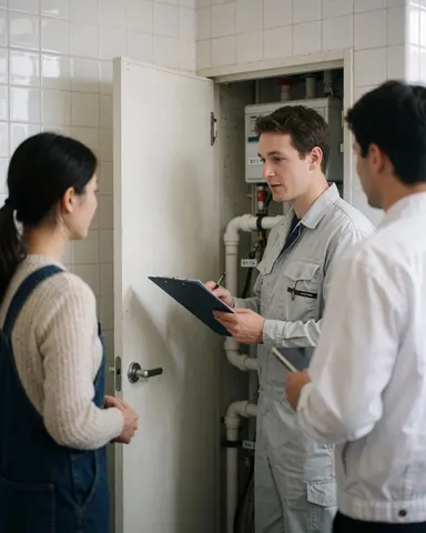 A plumber in uniform explains service results to a client in a utility room with white tiles and pipes.