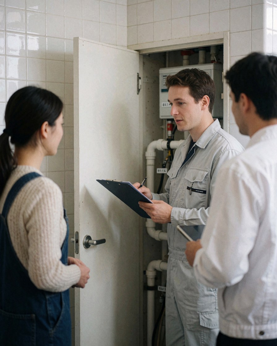 A plumber in uniform explains service results to a client in a utility room with white tiles and pipes.
