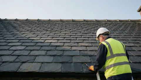 Worker wearing helmet and reflective vest repairing stone tile roof under clear sky