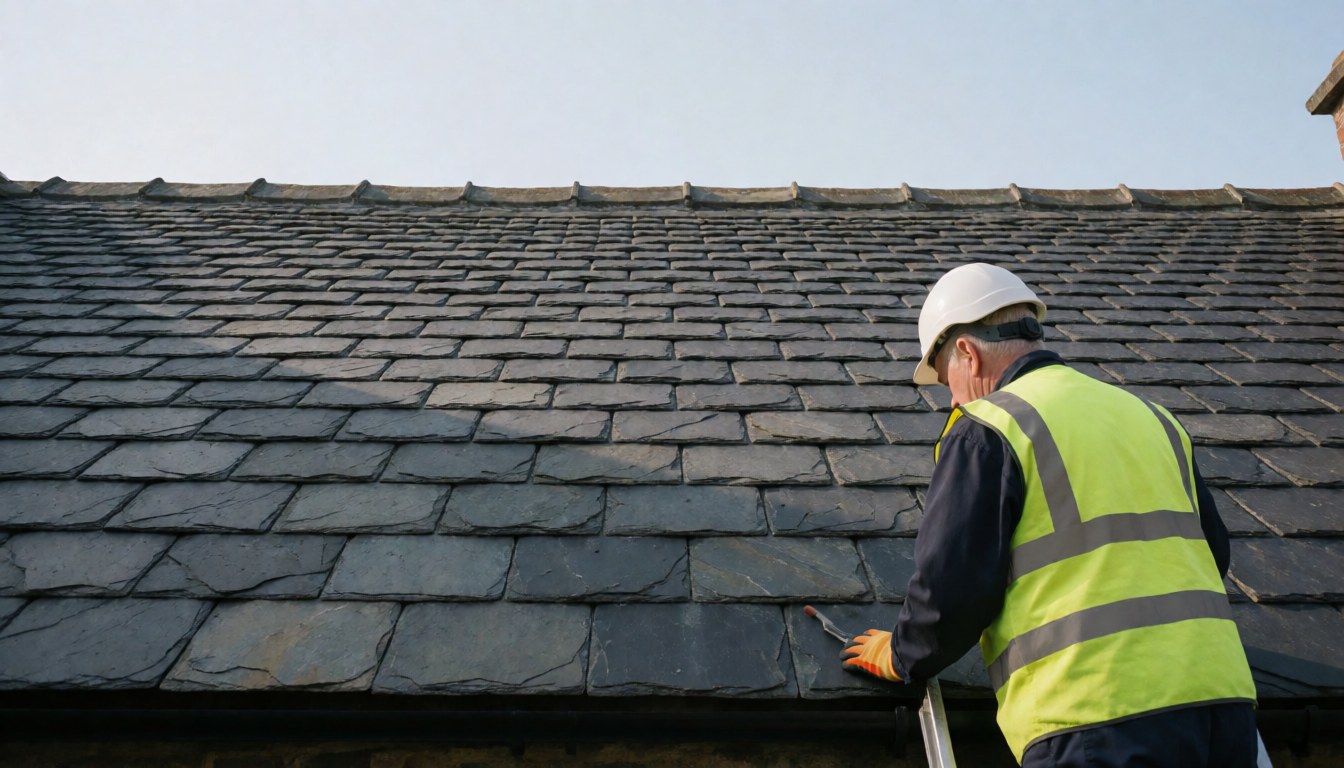 Worker wearing helmet and reflective vest repairing stone tile roof under clear sky