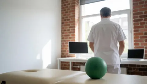 Sports massage therapist using a green ball on a treatment table in a clinic with red brick walls and natural light