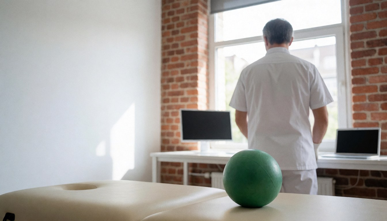 Sports massage therapist using a green ball on a treatment table in a clinic with red brick walls and natural light