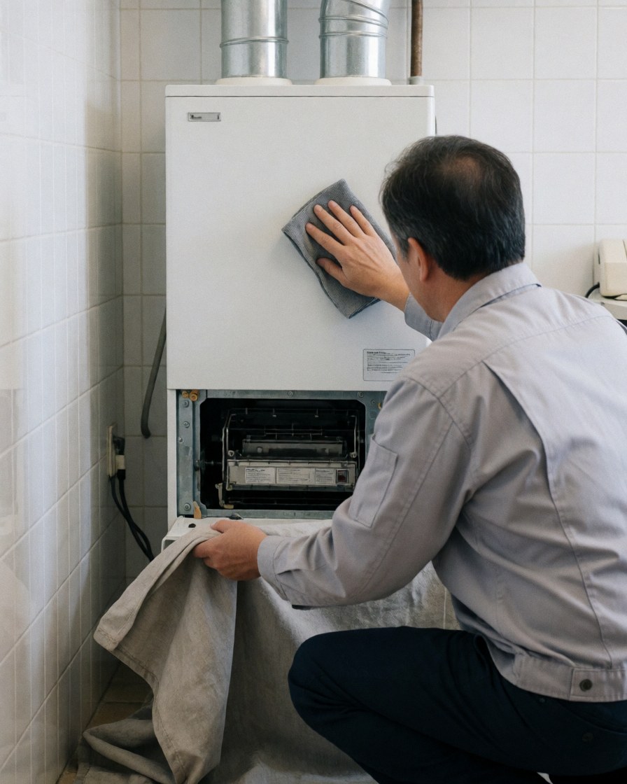Technician cleaning a boiler with a gray cover in a tiled bathroom, showing heating repair service.