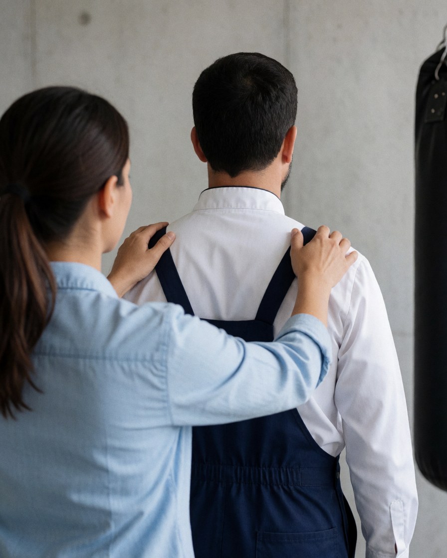 A boxing instructor guides a client's posture with hands on shoulders near a punching bag in a gym with concrete walls.