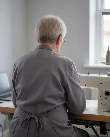 Back view of a person using a sewing machine in a craft workshop with natural light from a window.