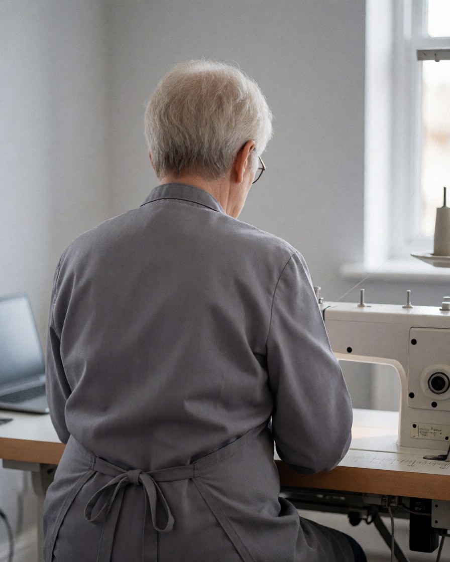 Back view of a person using a sewing machine in a craft workshop with natural light from a window.