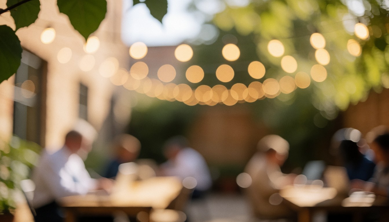 Bokeh background of a patio with warm lights, green leaves, and tables, ideal for Spanish class text overlay.