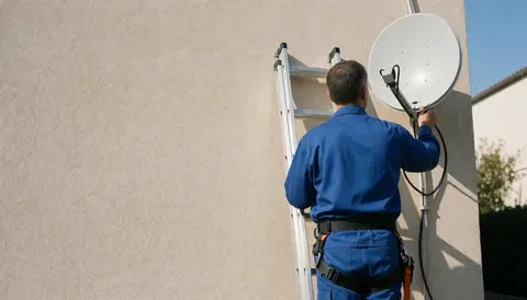 Technician in blue uniform installing white satellite antenna on stucco wall with aluminum ladder under bright sunlight