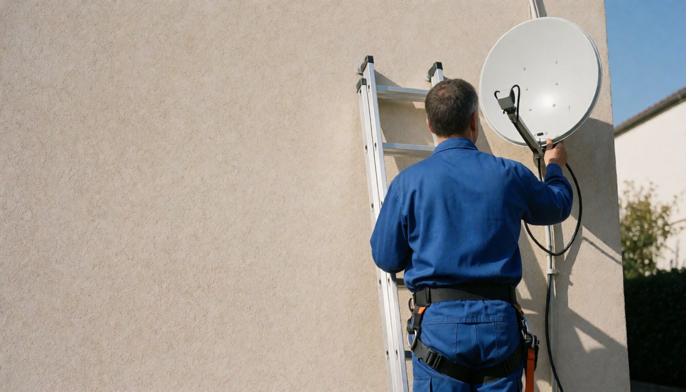Technician in blue uniform installing white satellite antenna on stucco wall with aluminum ladder under bright sunlight