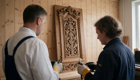 Two professionals restore a carved wood panel in a workshop with wooden walls using carpentry tools under natural light