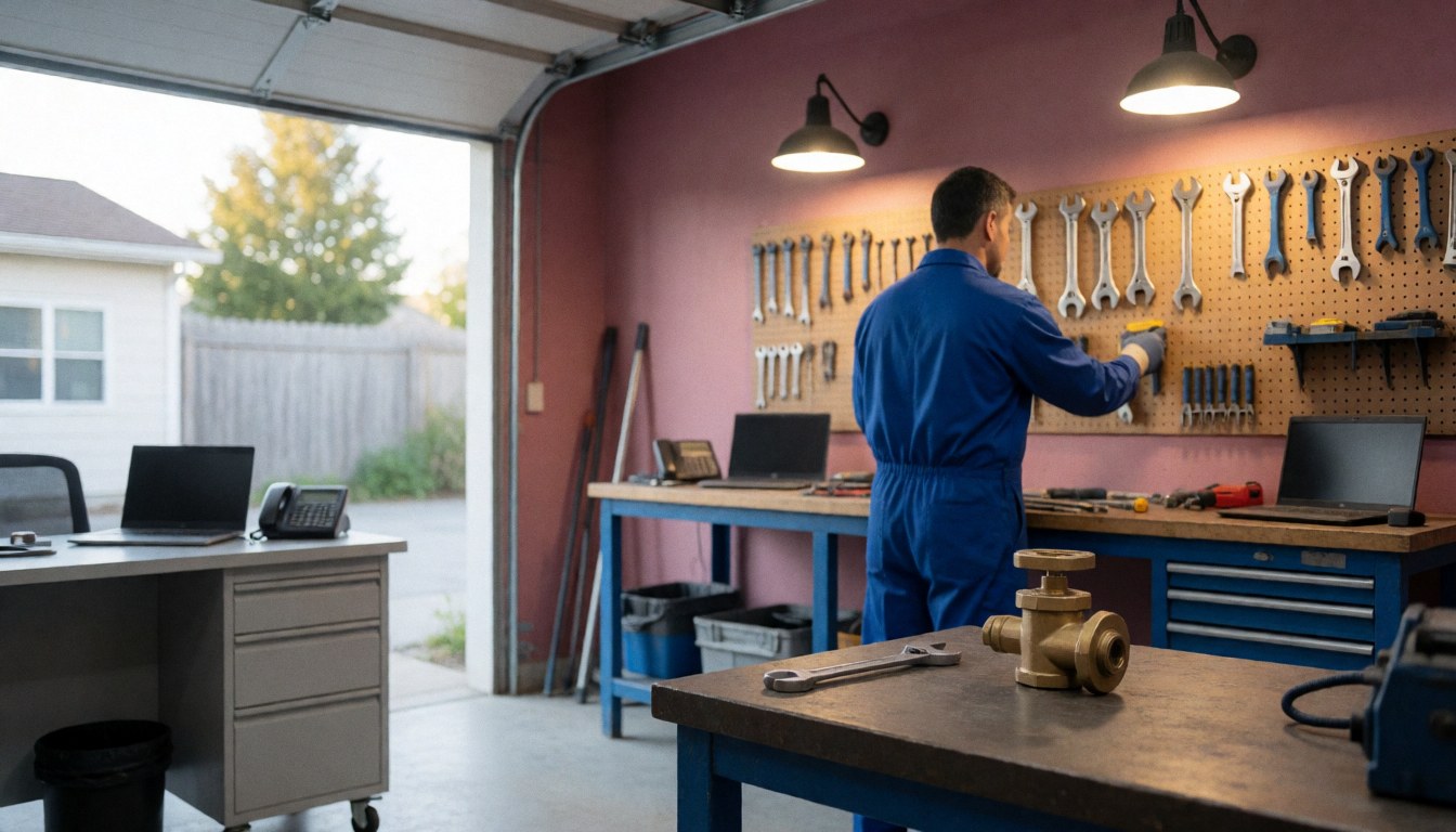 Heating repair workshop featuring a bronze valve and tools on a table against a pink wall with a technician organizing equipment on a board