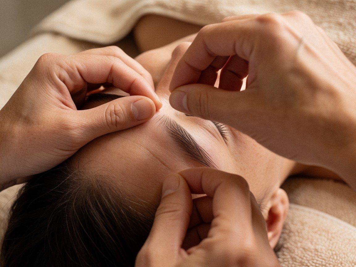 Close-up of hands performing microblading on eyebrows over beige fabric with warm lighting