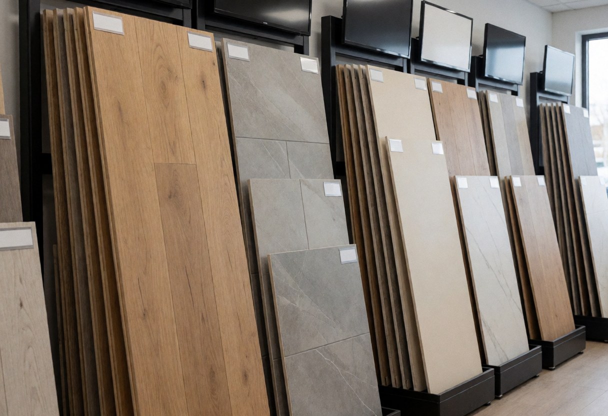 Wood, ceramic, and vinyl flooring samples displayed on metal racks in a brightly lit store, no people visible