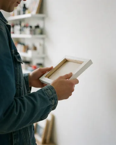 A customer inspects a blank canvas in an art supply store with shelves of paints in the background.
