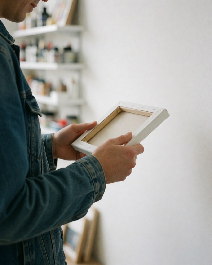 A customer inspects a blank canvas in an art supply store with shelves of paints in the background.