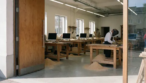 A tidy woodworking shop featuring wooden workbenches, scattered sawdust, and hanging tools illuminated by natural light from a window.