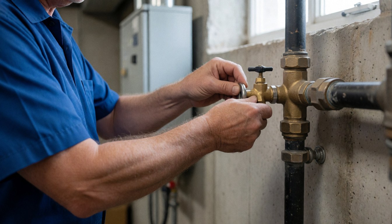 A plumber adjusts a brass valve on a metal pipe against a concrete wall in natural light during a pipe repair service.