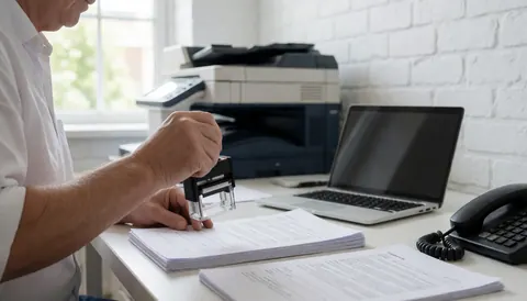 A professional applies a rubber stamp to documents on a desk in an office with white brick walls, a copier, and a laptop.