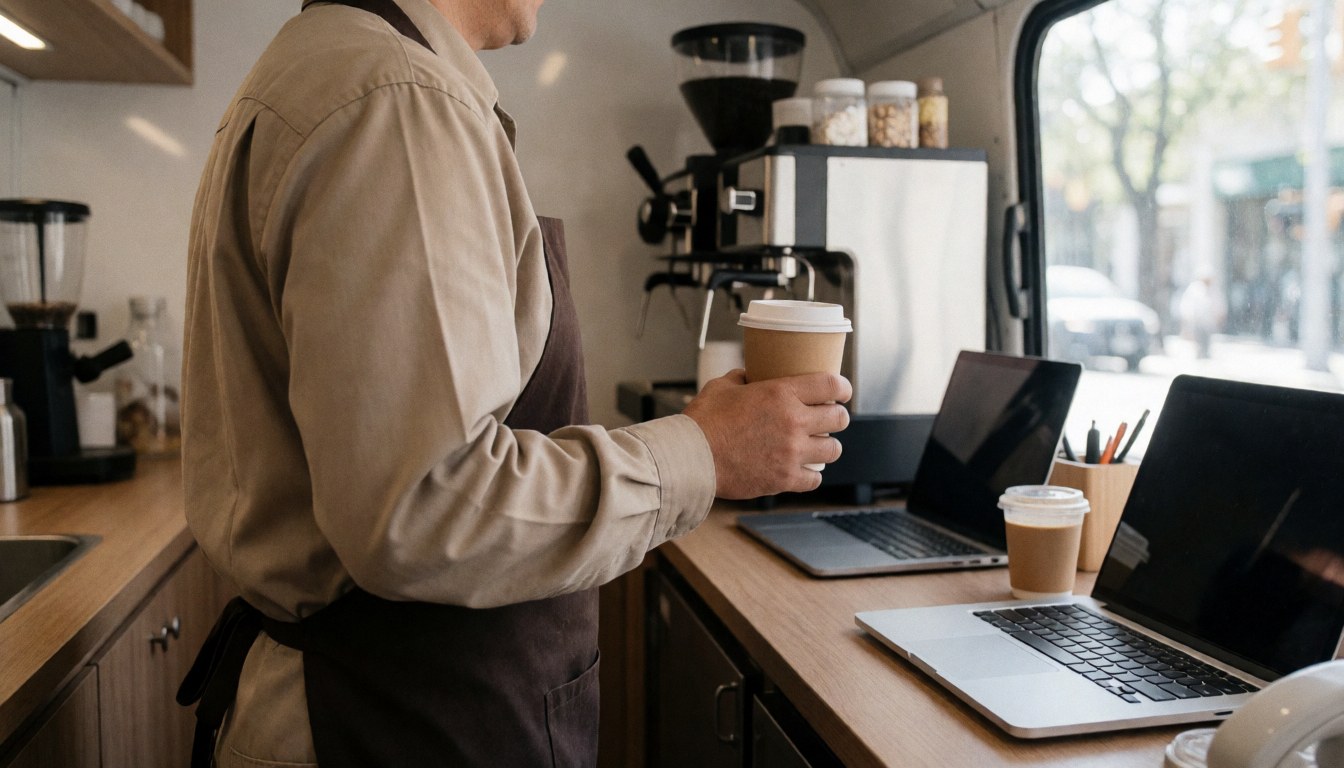 Coffee worker holding a cup inside a food truck with a coffee machine and computers on the counter