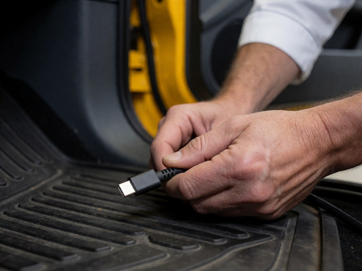 Hands holding a black USB-C cable over the textured rubber floor of a taxi with a yellow door in the background, showing charging service for travelers.