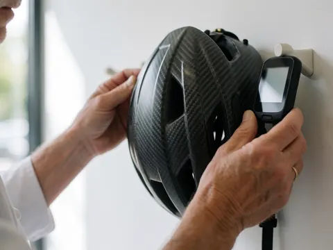 Hands organizing a carbon helmet and gps device on a white wall for a cycling instructor