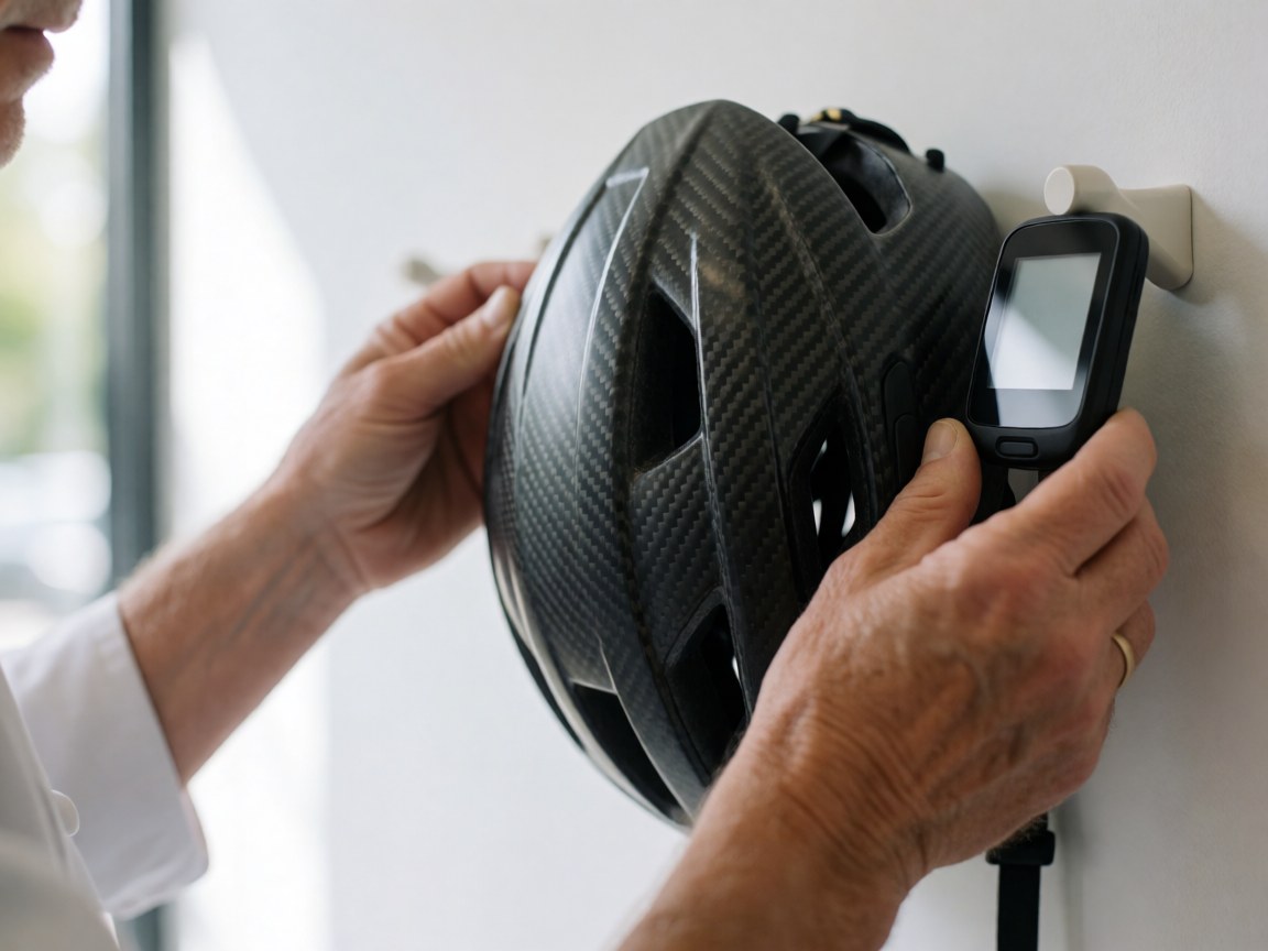 Hands organizing a carbon helmet and gps device on a white wall for a cycling instructor