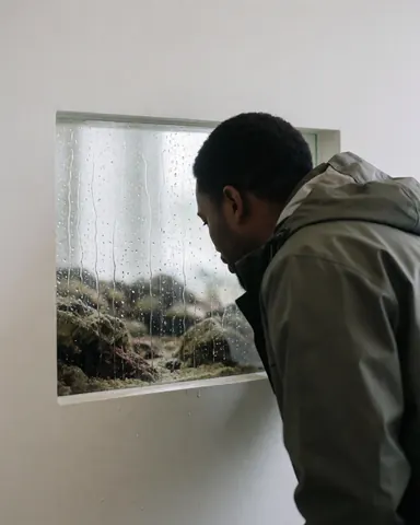A visitor wearing a rain jacket looks at an aquarium with raindrops on the glass in a white-walled indoor space