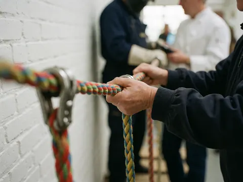 Close-up of hands gripping thick colorful ropes against a white brick wall in an outdoor adventure park setting.