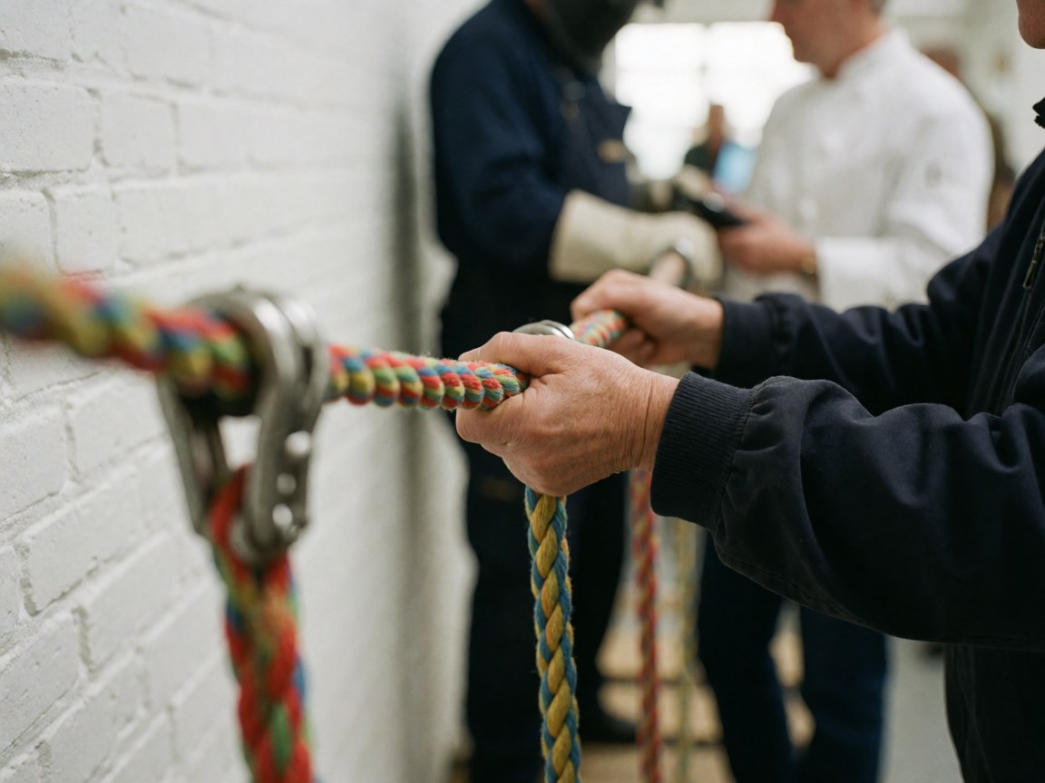 Close-up of hands gripping thick colorful ropes against a white brick wall in an outdoor adventure park setting.